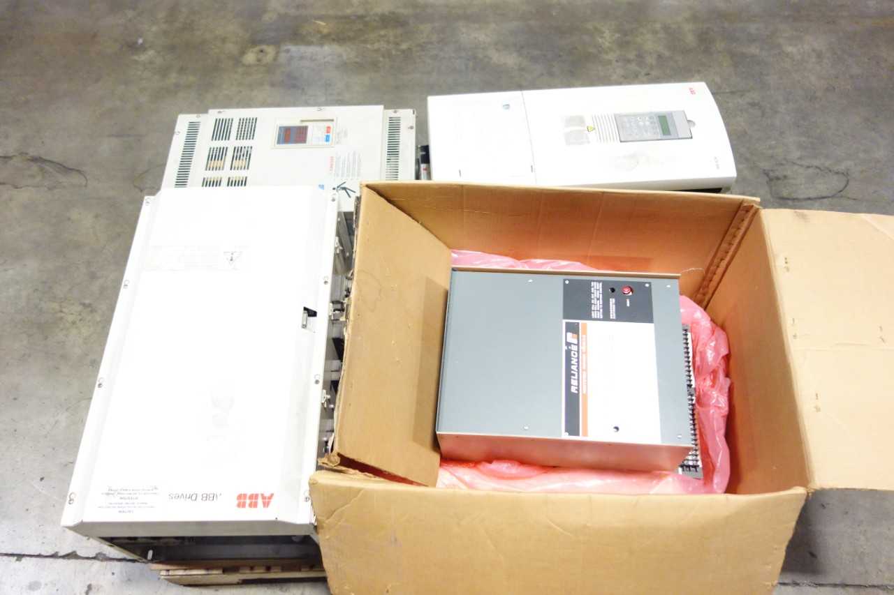 1 PALLET OF ASSORTED ELECTRICAL NFD DRIVES,ABB ACH504-100-4-00P0 440-500V-AC 0-120HZ 0-500V-AC 100HP AC VFD DRIVE,UNO SOURCE CIMR-P5U4022 ULTIMA 380-460V-AC 0-400HZ 0-460V-AC AC VFD DRIVE - ABB, RELIANCE, UNO SOURCE - MOTOR DRIVES