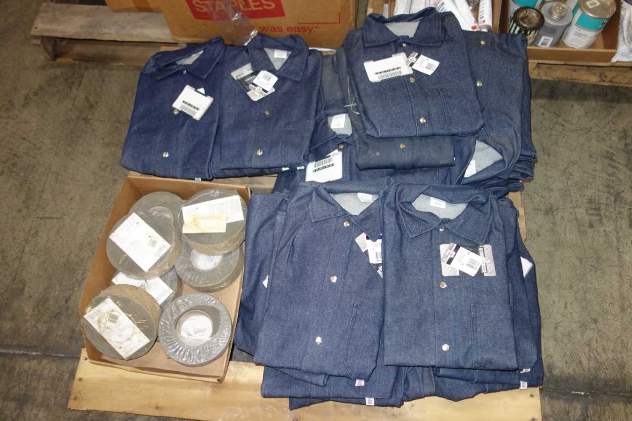3 PALLETS OF MISCELLANEOUS ROLLING STOCK, SUPPLIES, TOTES, L DENIM SHIRTS, OFFICE SUPPLIES - PLANT & FACILITY