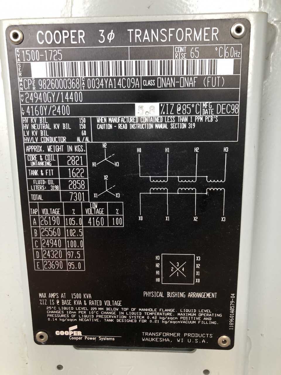 Cooper Power System 1500KVA 4160Y/2500V-AC Transformer - CONTROL TRANSFORMERS