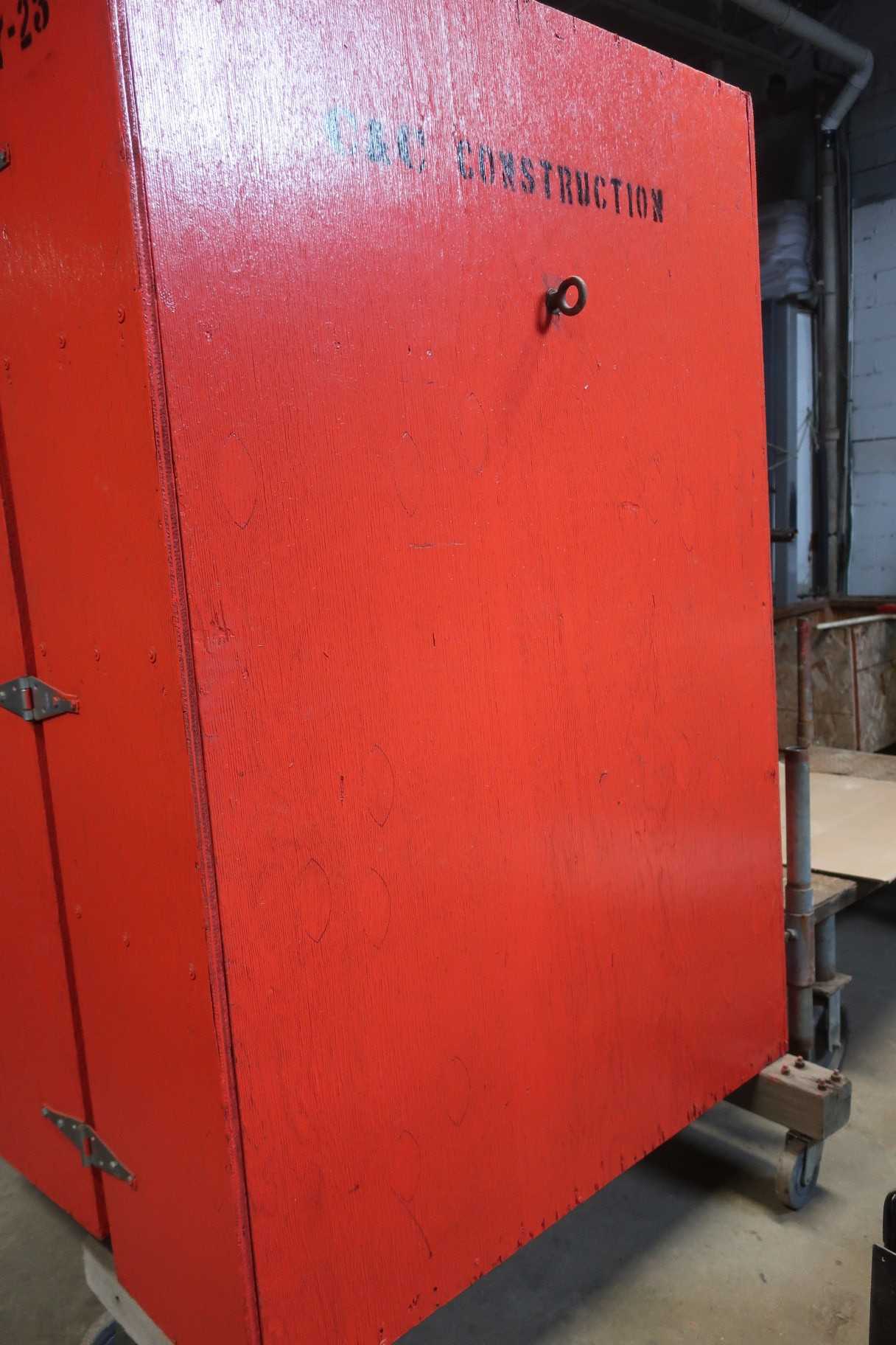 2 DOOR 3 SHELF ORANGE WOODEN CABINET - TOOL STORAGE