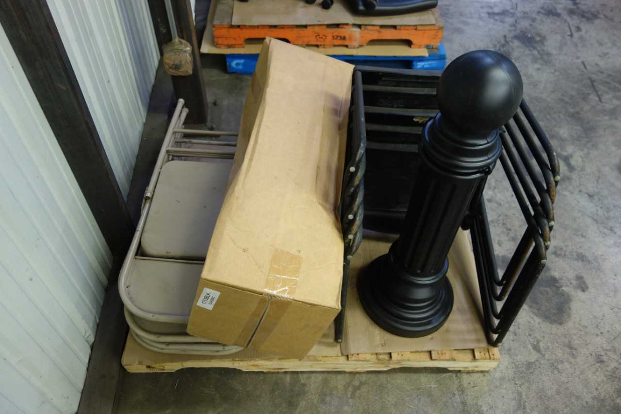 LOT OF ASSORTED CHAIRS AND PLASTIC CHAIN BARRIER POSTS - LIFTING EQUIPMENT