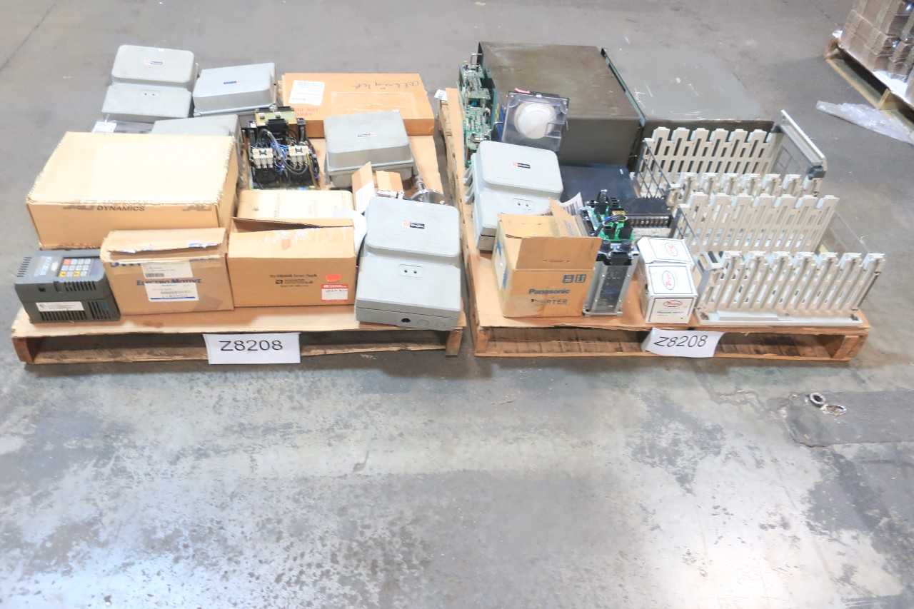 2 PALLETS OF ASSORTED ELECTRICAL SMOKE DETECTOR, ALARM SENSOR, SWITCH CONTROLS, SERVO DRIVE, OPERATOR INTERFACE PANEL, CONTROLLER MODULE, PRESSURE SWITCH, CHASSIS RACK- SIMPEX, AVTRON, YASKAWA, MITSUBISHI, DWYER - AUTOMATION & CONTROLS