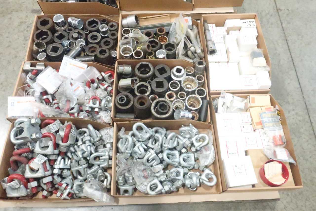 2 PALLETS OF ASSORTED SOCKETS, HOLE SAWS, HAND TOOLS, BRACKETS, SPANNER WRENCHES- SURE-GRIP, BERGMAN, WILLIAMS, ARMSTRONG - HAND TOOLS