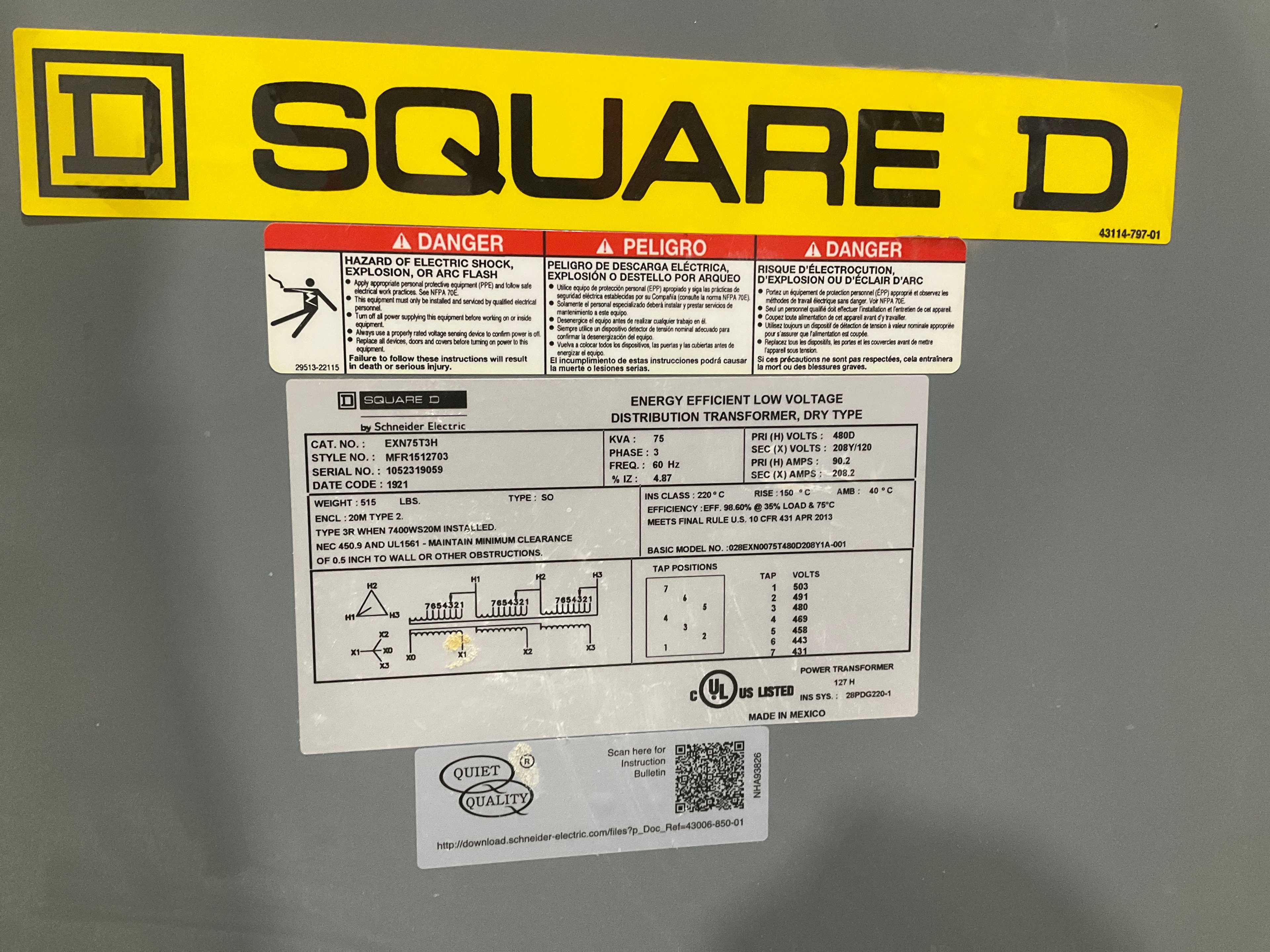 SQUARE D EXN75T3H TRANSFORMER - POWER TRANSFORMER