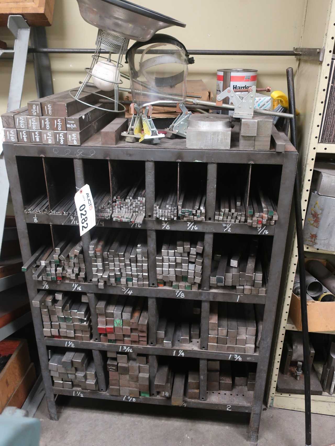 Lot of square steel stock with pigeon-hole shelving (for keyway broaching)