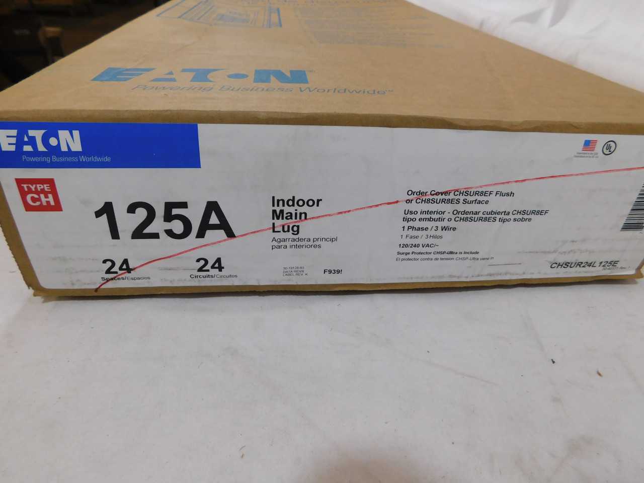 Quantity of 1 Used Eaton CHSUR24L125E Loadcenter Type CH 125A 120V 24 Cir 24 Sp - CIRCUIT BREAKERS Quantity of 1 Used Eaton CHSUR24L125E Loadcenter Type CH 125A 120V 24 Cir 24 Sp - CIRCUIT BREAKERS