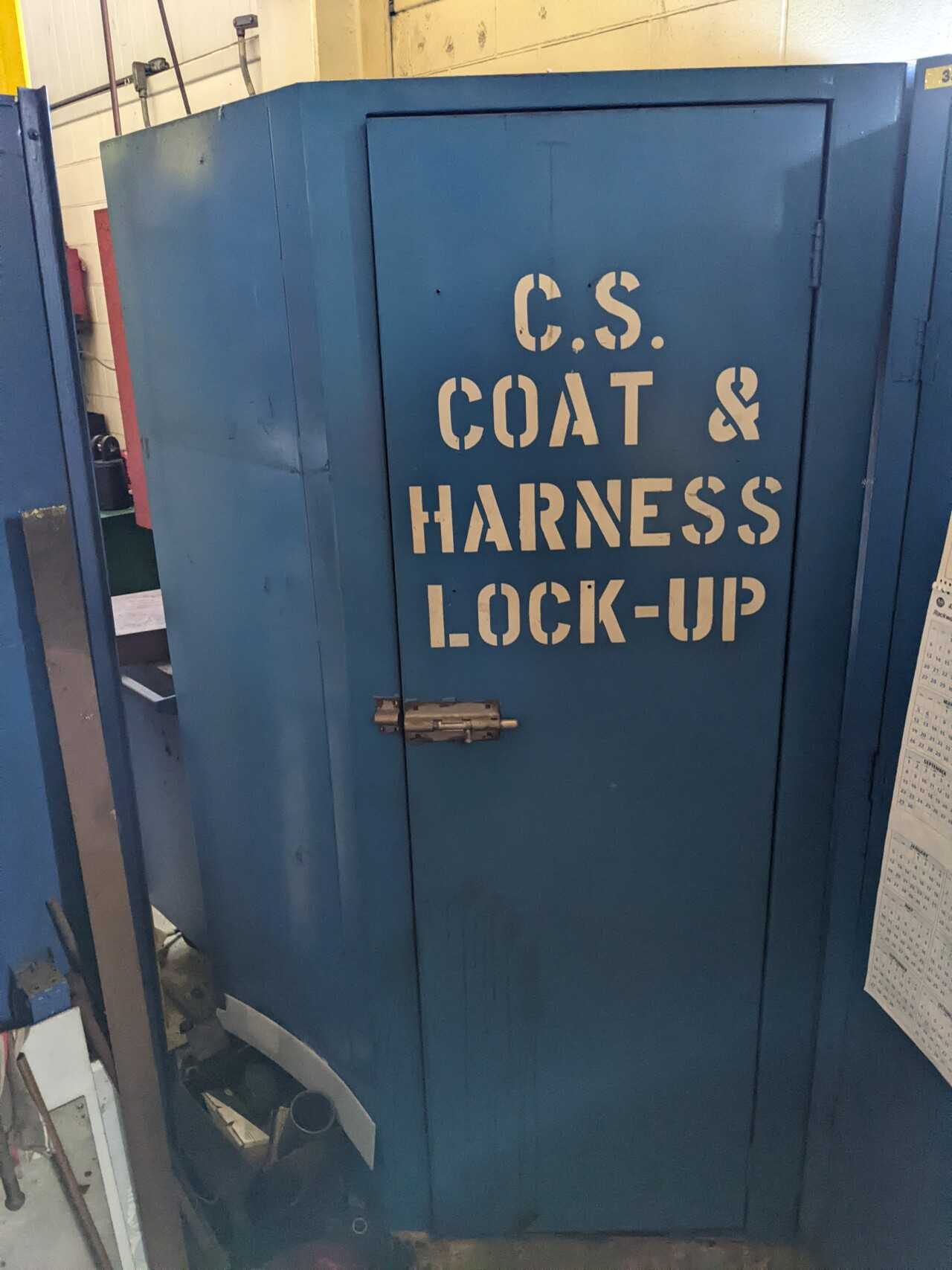 1 DOOR TOOL CABINET WITH CONTENTS, ASSORTED SAFETY EQUIPMENT, HARNESSES, PIPE WRENCH - SAFETY EQUIPMENT