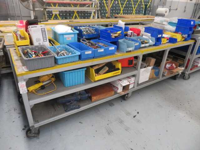 Aluminum Table on wheels and contents - MISCELLANEOUS