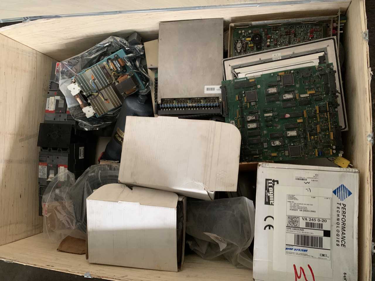 CRATE OF MISC. ELECTRICAL AUTOMATION EQUIPMENT CIRCUIT BOARDS ETC. - ELECTRICAL COMPONENTS