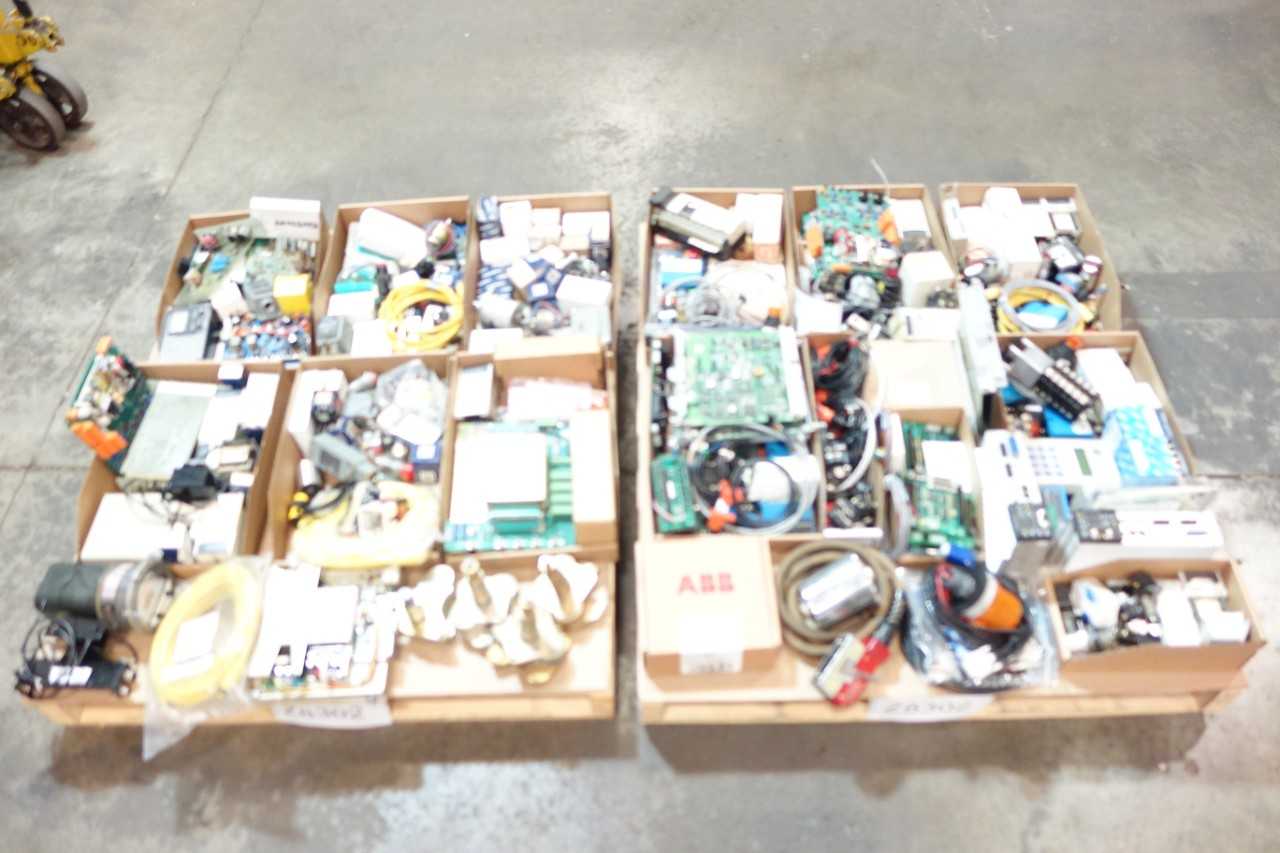 2 PALLETS OF ASSORTED ELECTRICAL PHOTOELECTRIC SENSORS, CABLE-WIRE CONTROLS, MICRO SWITCHES- ALLEN BRADLEY, SICK, ABB - ELECTRICAL COMPONENTS