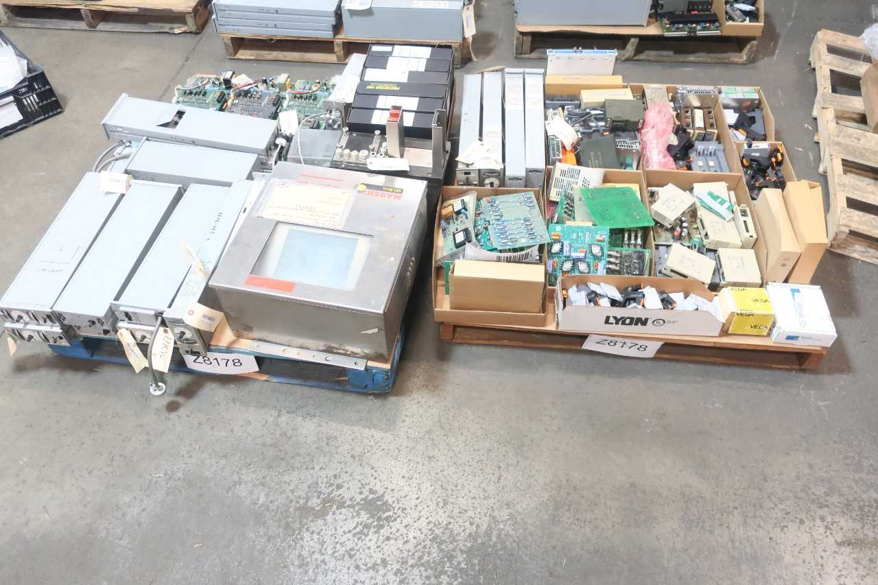 2 PALLETS OF ASSORTED ELECTRICAL CIRCUIT BOARDS, MODULES, CONTROLS, AMP CONTROLLER- MARSH, MITSUBISHI, VEGA, EMERSON, OMRON - AUTOMATION & CONTROLS