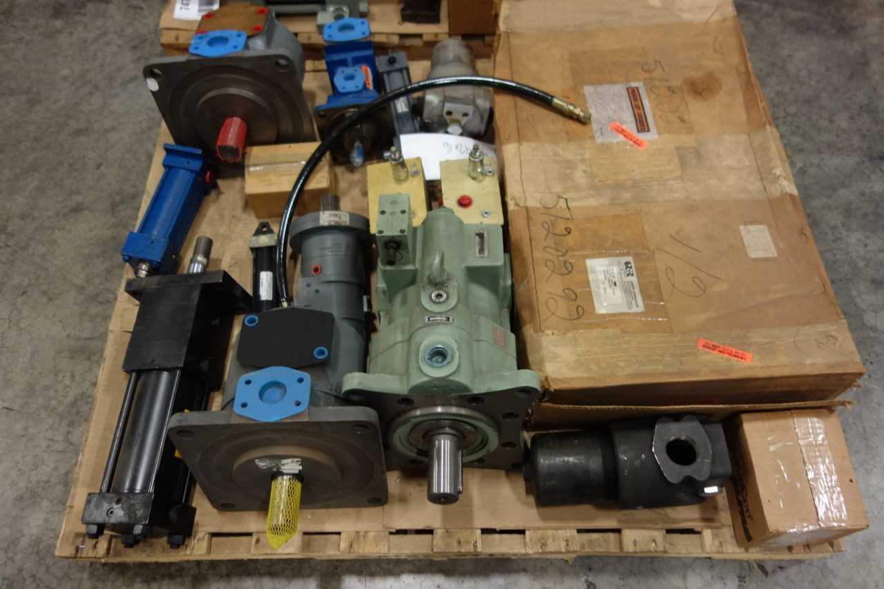2 PALLETS OF ASSORTED VALVES, CYLINDERS, HOSES, PUMPS, MOTORS- BOSCH, PALL, PARKER, TOKIMEC - ELECTRIC POWER TOOLS