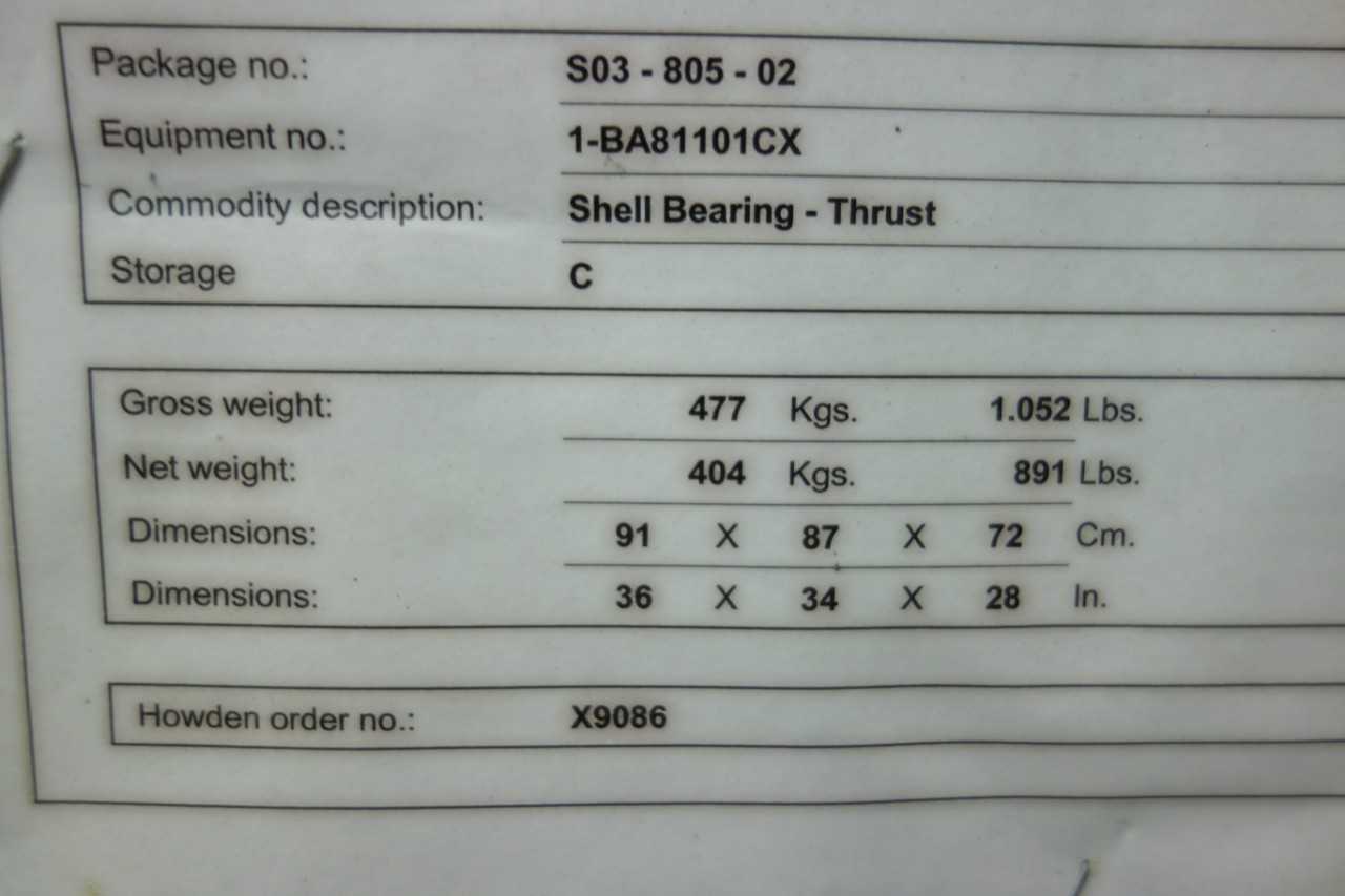 HOWDEN 1BA81101CA SHELL THRUST BEARING - BEARINGS