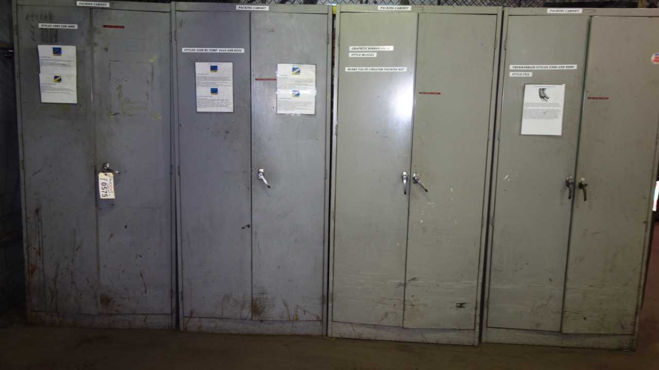 LOT OF 4 CABINETS WITH CONTENTS, ASSORTED PACKING PACKING MATERIAL - PUMPS