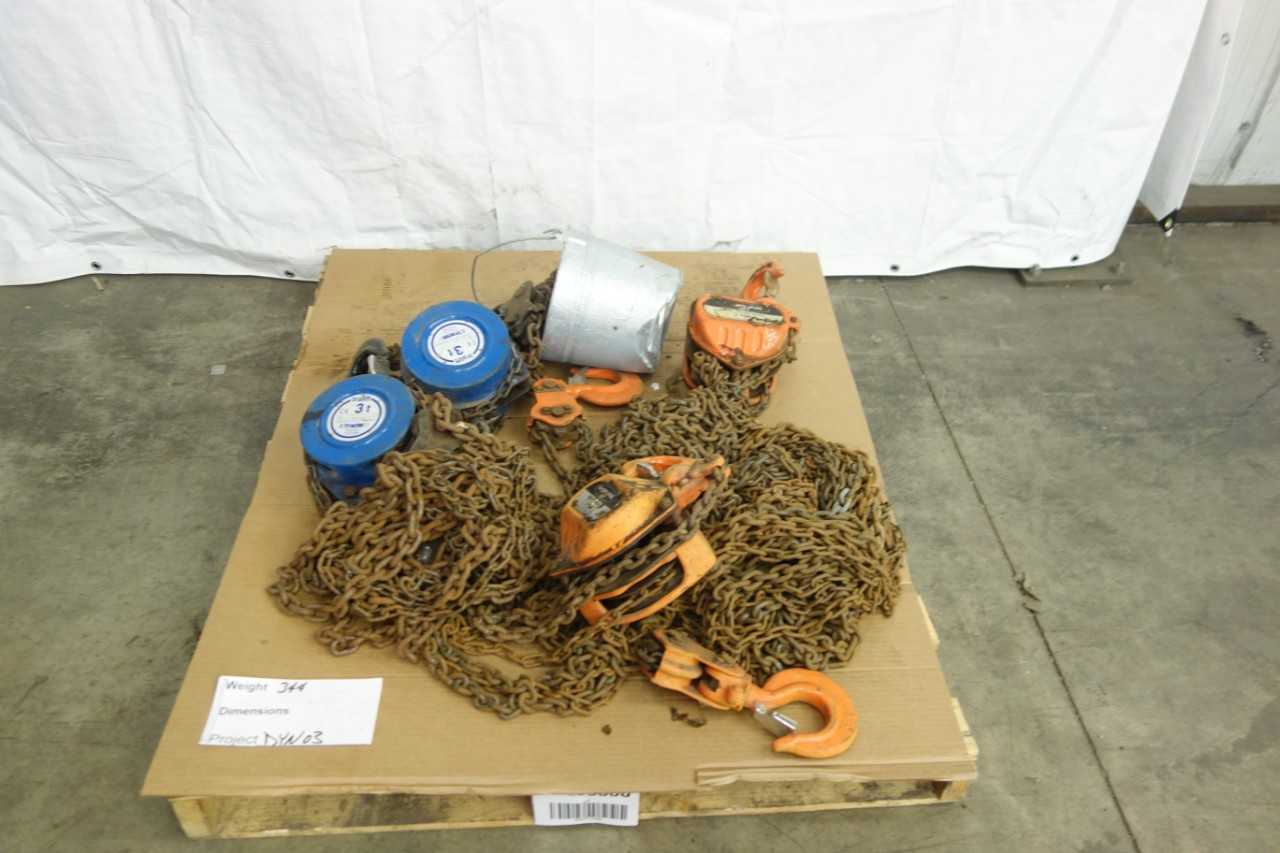 LOT OF 5 ASSORTED 3 TON CHAIN FALL MANUAL HOISTS - LIFTING EQUIPMENT