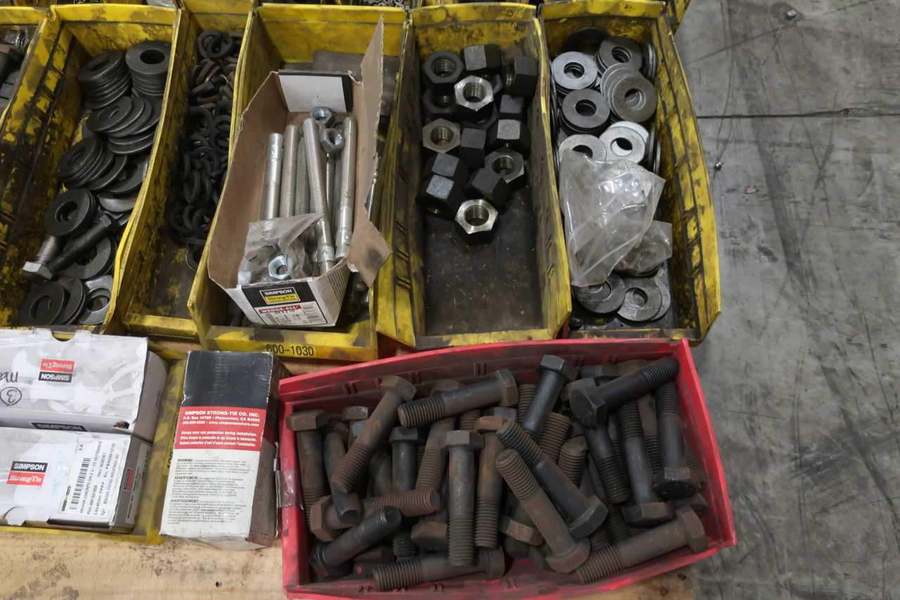 8 PALLETS OF ASSORTED HARDWARE NUTS BOLTS SCREW CLAMPS - MISCELLANEOUS