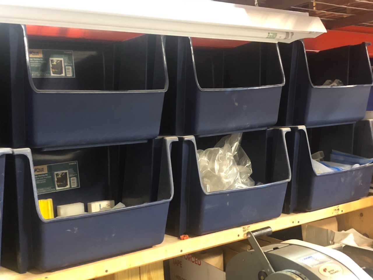 Lot-Blue Tote Bins with Contents on (1) Shelf with (1) 48" Diameter Round Table - ELECTRIC POWER TOOLS