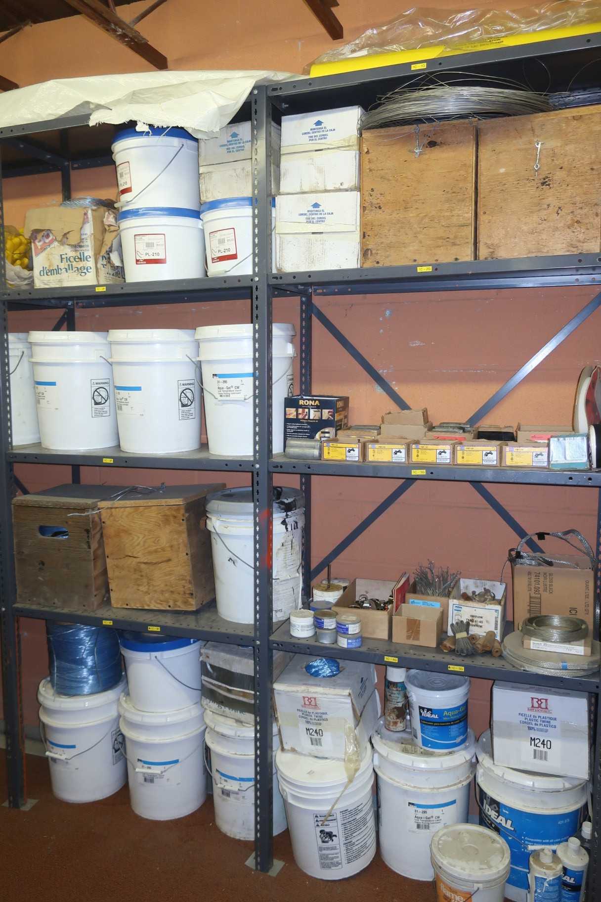CONTENTS OF SHELF, ASSORTED CABLE PULLING SUPPLIES, LUBRICANT, PULL LINE, CONNECTOR - ELECTRICAL COMPONENTS