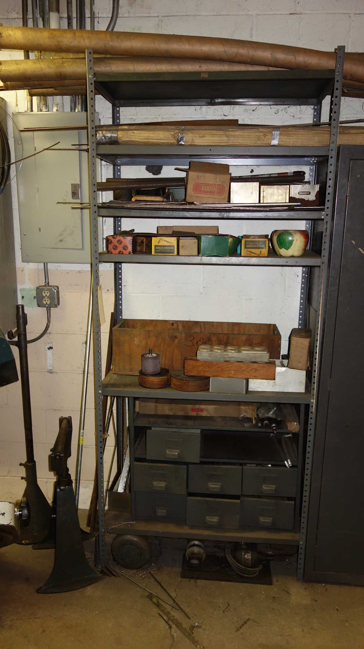 CONTENTS OF SHELVING, ASSORTED METALWORKING TOOLS, PUNCHES, TAPS, BOLTS, THREADED RODS, WIRE, MOTORS, (COPPER, DRUM SANDER ATTACHMENT, SMALL CARDBOARD BOX NOT INCLUDED)