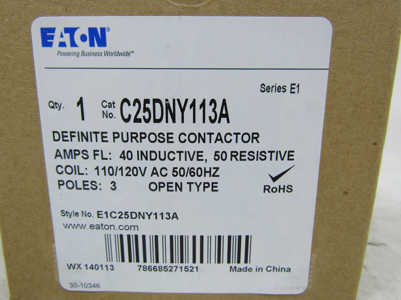 Quantity 50 of Eaton C25DNY113A Definite Purpose Contactor Open 3P 40A 120VAC - CONTACTORS