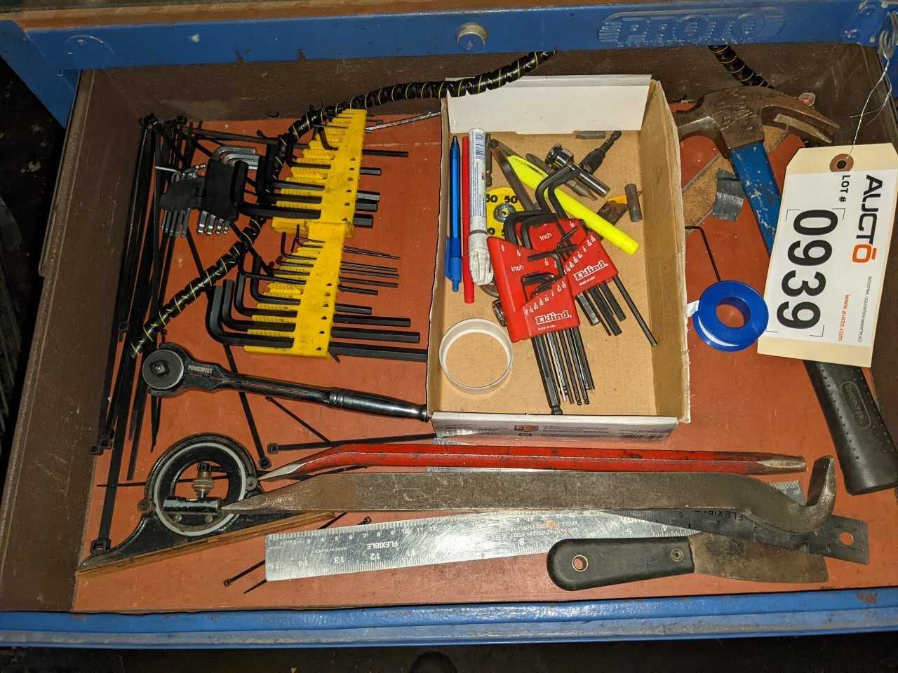 5 DRAWER ROLLING TOOL CABINET WITH CONTENTS, ASSORTED TOOLS, ALLEN KEYS, HAMMERS, CROWBARS - HAND TOOLS