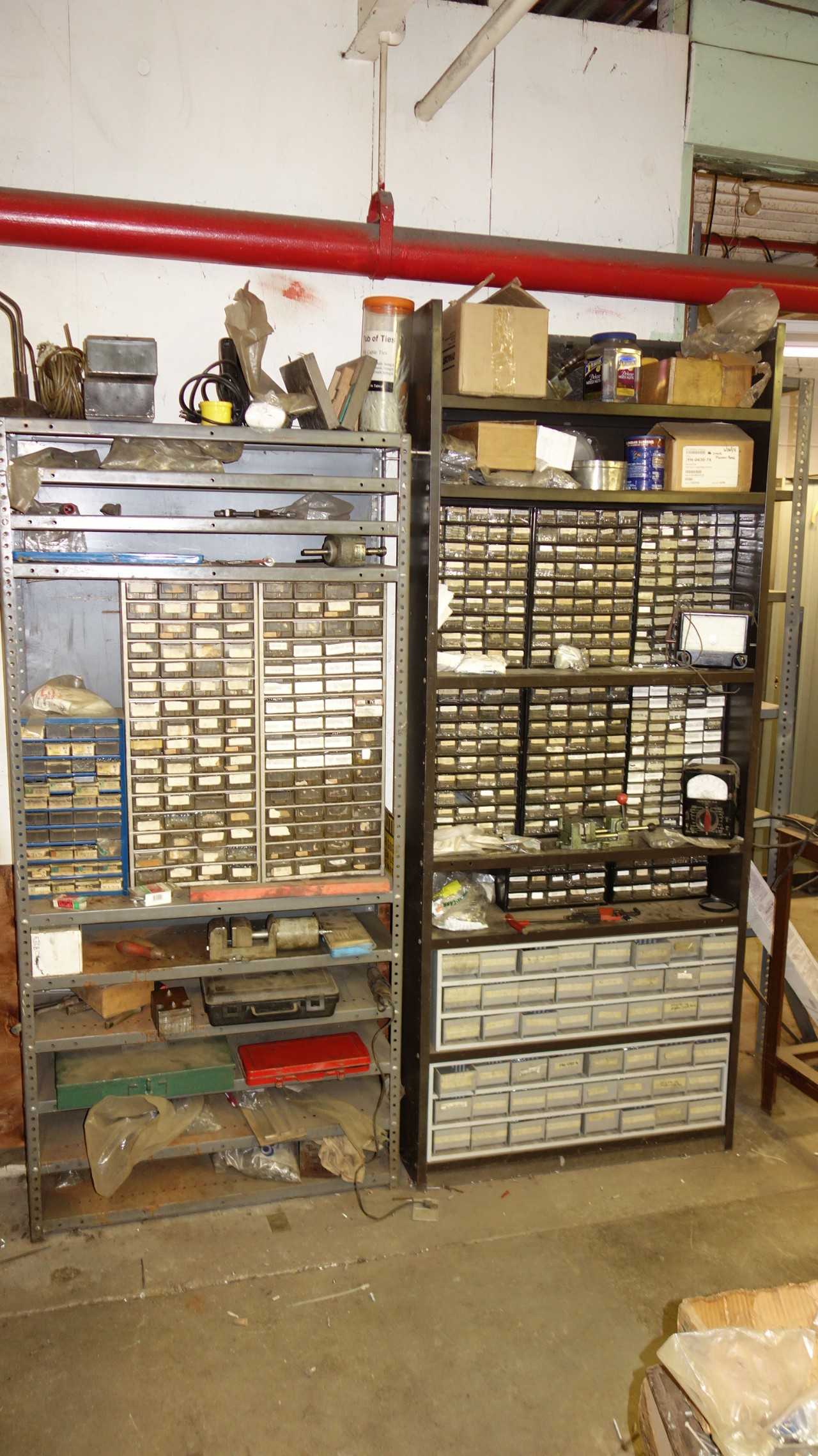 CONTENTS OF 2 SECTIONS OF SHELVING, ASSORTED HAEGAR HARDWARE FOR INSERTION MACHINE, NUTS, STUDS, FASTERNERS, PINS, GENERAL TOOLS, SOCKETS (GREEN TOOLBOX NOT INCLUDED) - 