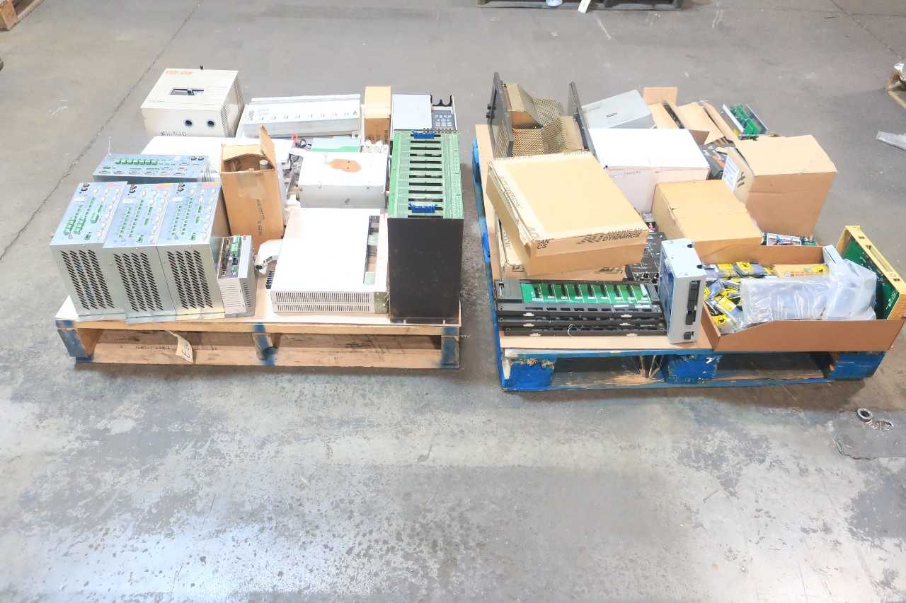 2 PALLETS OF ASSORTED ELECTRICAL CONTROLLER SERVO, SWITCH CONTROLS, RACK, POWER SUPPLY CONTROL, INPUT MODULE, CIRCUIT BOARDS, MOTOR DRIVE- GEHRING, BAILEY, RUSSELECTRIC, AMERICAN DYNAMICS, EMERSON, SIMPLEX, WOODWARD, GENERAL ELECTRIC, PHOENIX CONTACT, DAN - AUTOMATION & CONTROLS