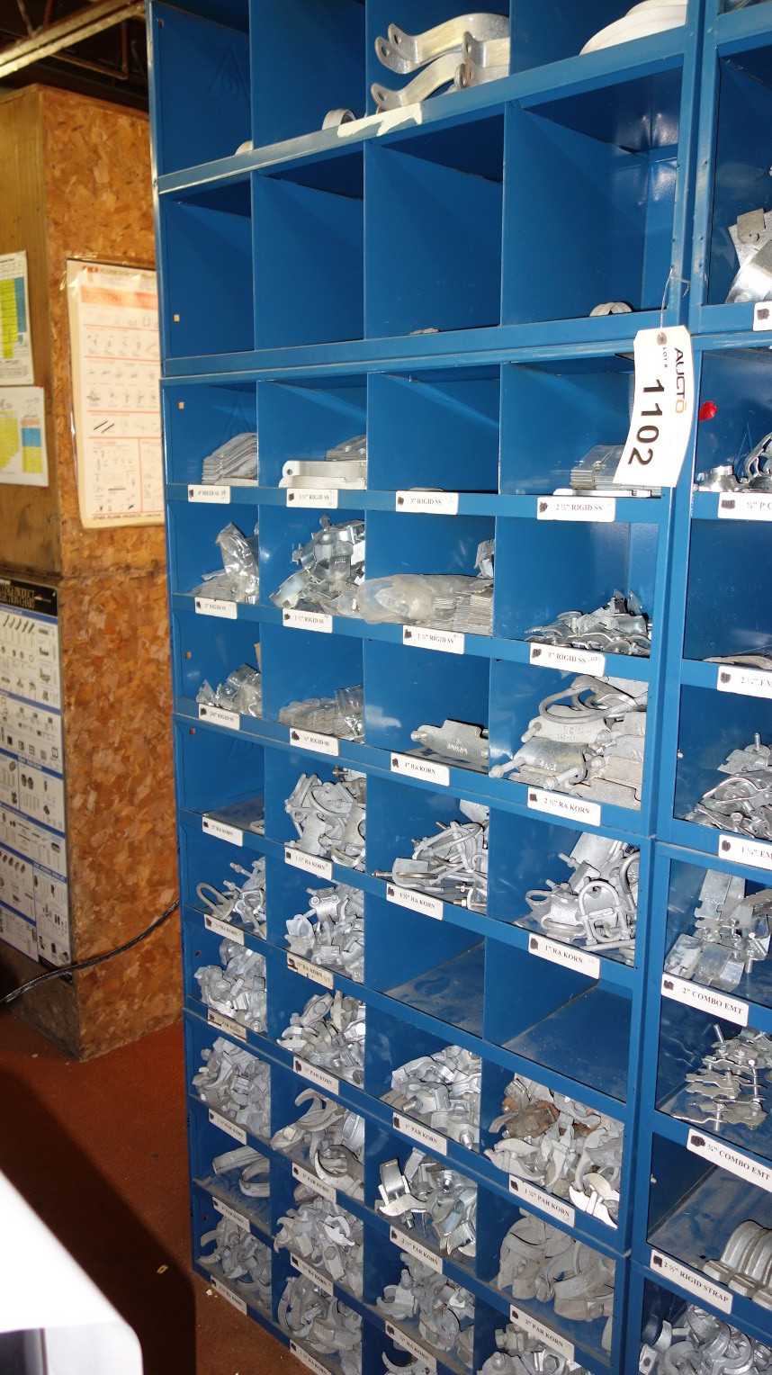 CONTENTS OF 4X STACKED PIGEON HOLE CABINET, ASSORTED ELECTRICAL CONDUIT - ELECTRICAL COMPONENTS