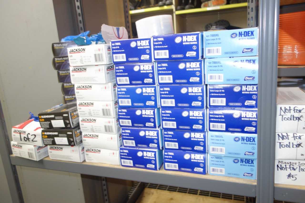 Contents of shelving - water coolers, safety clothing, rubber boots, rope, cleaning supplies - SAFETY EQUIPMENT