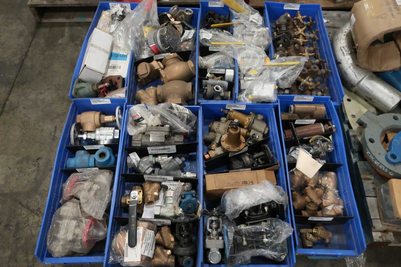 5 PALLETS OF ASSORTED VALVES CHECK BALL BUTTERFLY GLOBE LIMITORQUE EDWARD - VALVES