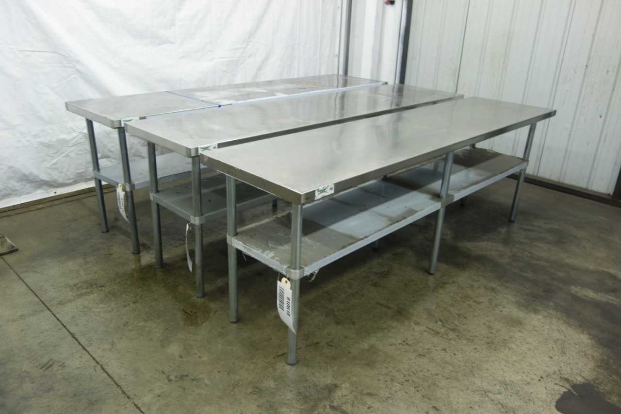 LOT OF 3 STAINLESS STEEL PRODUCTION TABLES - MATERIAL HANDLING