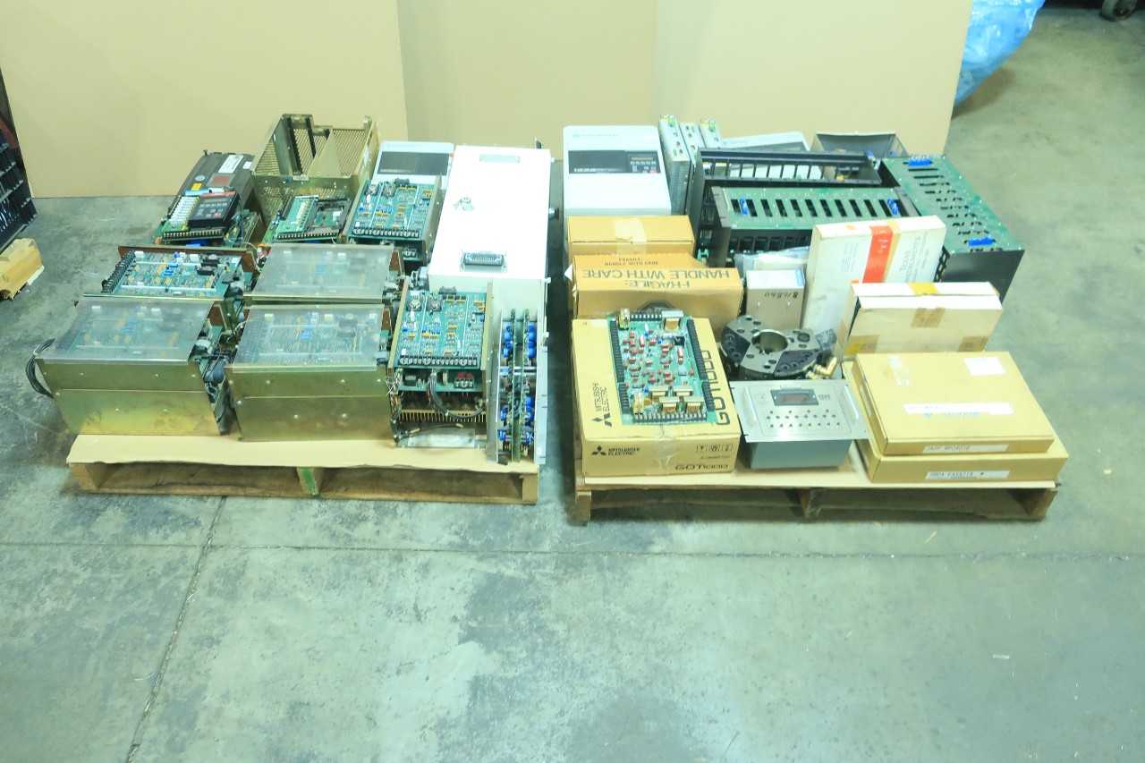 2 PALLETS OF ASSORTED ELECTRICAL SERVO DRIVE, CONTROLS, WIND TURBINE CONTROLS, POWER SUPPLY CONTROLS, MODULE CONTROLS, CIRCUIT BOARD CONTROLS, CHASSIS RACKS, MOTOR DRIVE, OPERATOR INTERFACE PANEL- MITSUBISHI, ALLEN BRADLEY, WOODWARD, TEXAS INSTRUMENTS, YA - AUTOMATION & CONTROLS