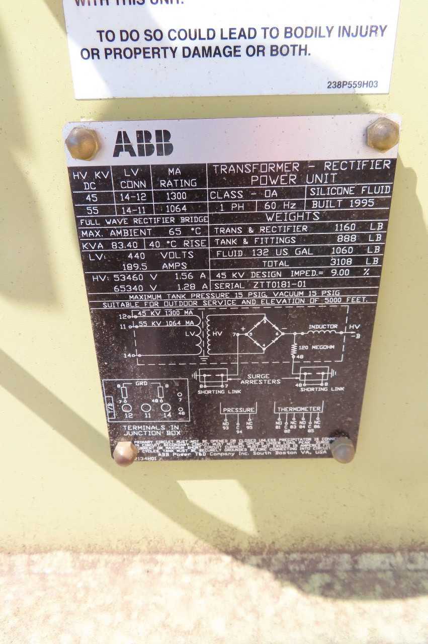 ABB 83.4KVA TRANSFORMER-RECTIFIER POWER UNIT - CONTROL TRANSFORMERS