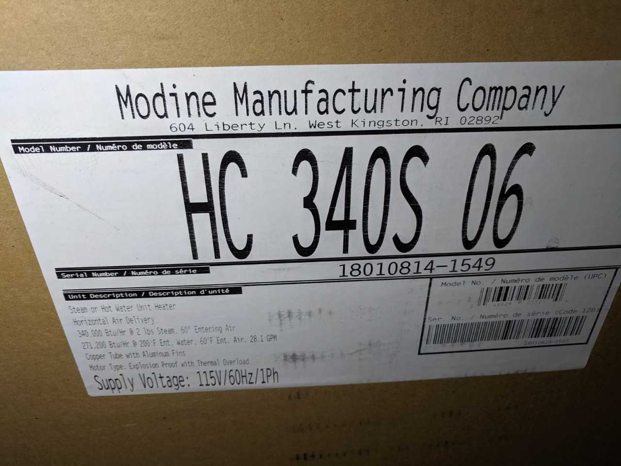 MODINE HC 340S06 STEAM/HOT WATER UNIT HEATER 115V - HVAC EQUIPMENT