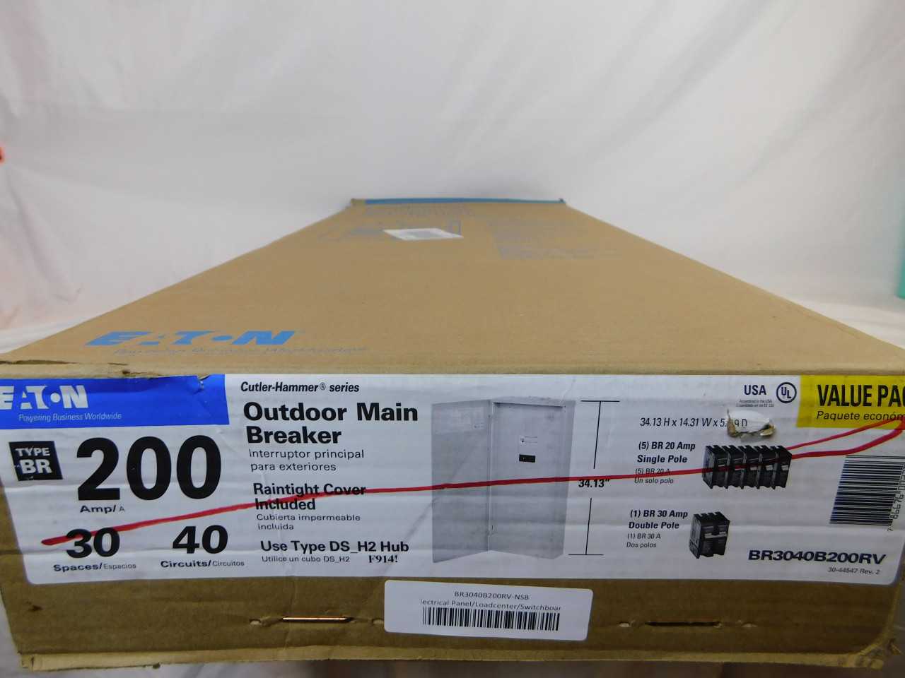 Quantity of 1 New Surplus Eaton BR3040B200RV 200A Main Breaker Panel NEMA 3R - ELECTRICAL COMPONENTS