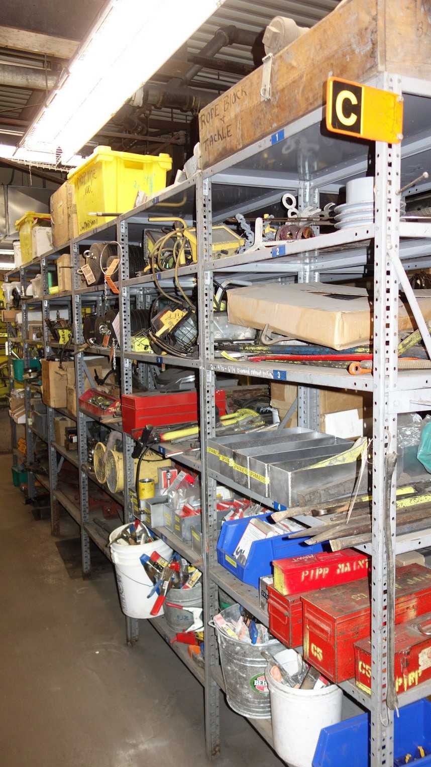 CONTENTS OF 6 SHELVING SECTIONS ASSORTED LIGHTING HEATERS CLAMPS PLUGS DRILL BITS AND FLANGES - INDUSTRIAL PARTS