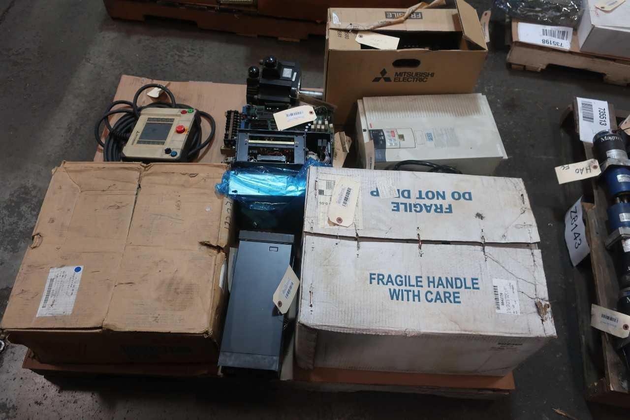 1 PALLET OF ASSORTED AUTOMATION AND CONTROLS, SERVO MOTORS, CONTROLLERS, SERVO DRIVES, YASKAWA, MITSUBISHI, ALSTOM, WESTINGHOUSE - SERVO