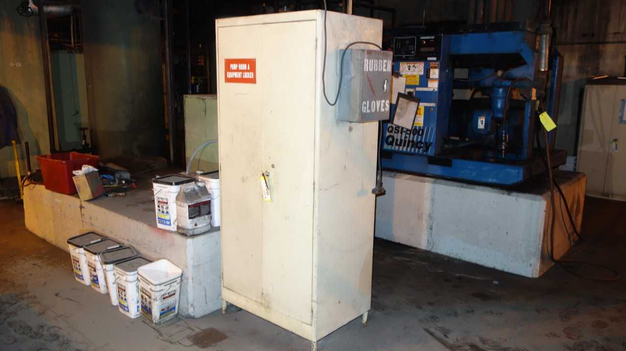 2 DOOR STEEL CABINET W/ CONTENTS, CLEANING SUPPLIES, GRACO FIRE-BALL PUMP - TOOL STORAGE