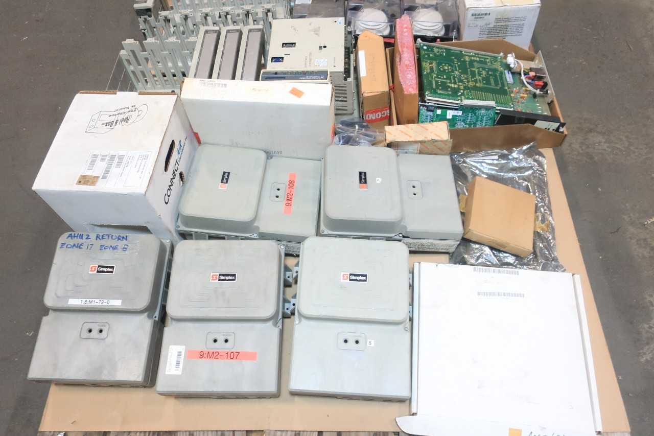 2 PALLETS OF ASSORTED ELECTRICAL MODULE, ALARM SENSOR, SERVO DRIVE, CABLE-WIRE CONTROLS, CHASSIS RACK, OPERATOR INTERFACE PANEL, CIRCUIT BOARDS- SIMPLEX, MITSUBISHI, YASKAWA, AEG MODICON, GEHRING - AUTOMATION & CONTROLS