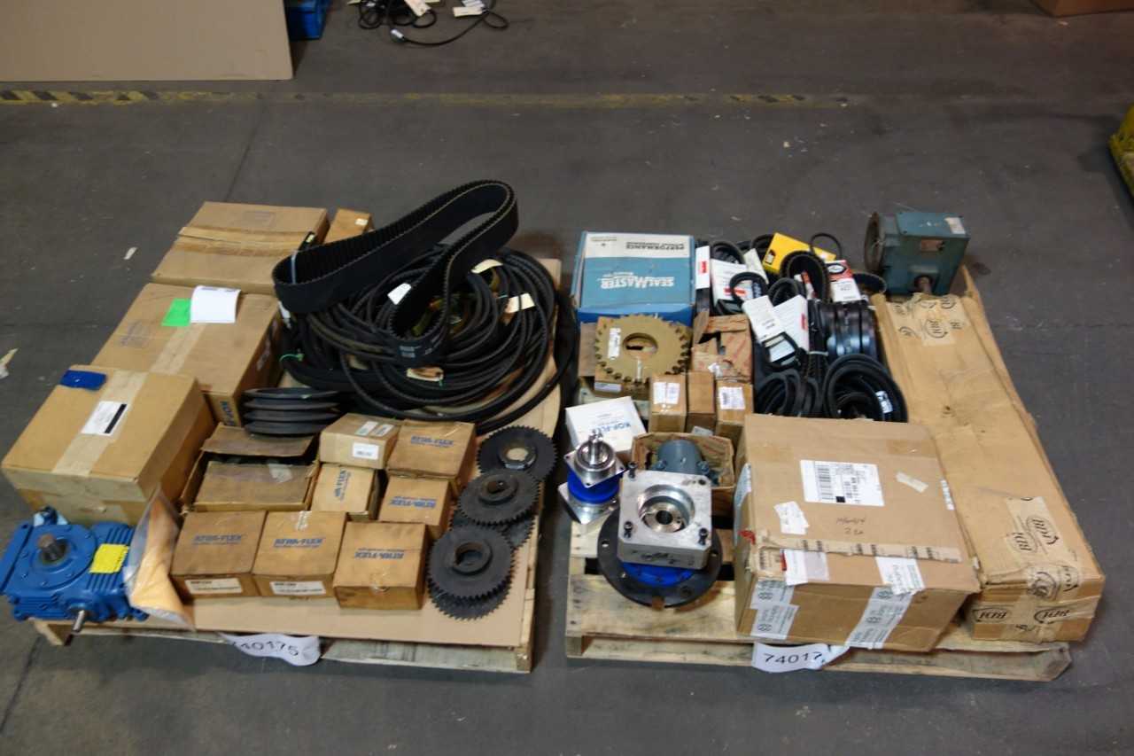 2 PALLETS OF ASSORTED COUPLINGS, GEAR REDUCERS, SPROCKETS, V-BELTS- CAT, DAYTON, KOD-FLEX - GEAR REDUCERS 2 PALLETS OF ASSORTED COUPLINGS, GEAR REDUCERS, SPROCKETS, V-BELTS- CAT, DAYTON, KOD-FLEX - GEAR REDUCERS