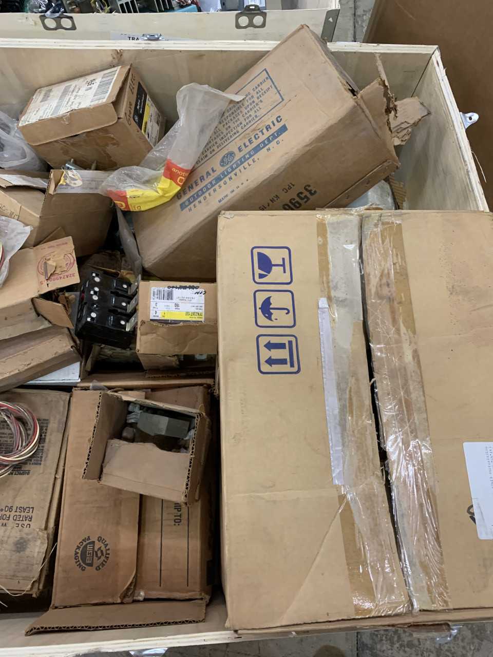 CRATE OF MISC. ELECTRICAL AUTOMATION PARTS GENRAL ELECTRIC ETC. - ELECTRICAL COMPONENTS