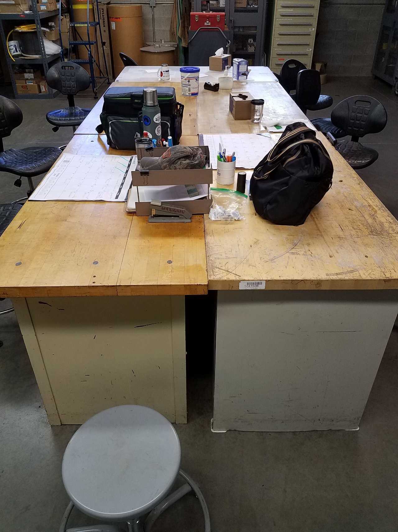 Lot of 4 60" x 30" steel work desks with wood surfaces - MATERIAL HANDLING
