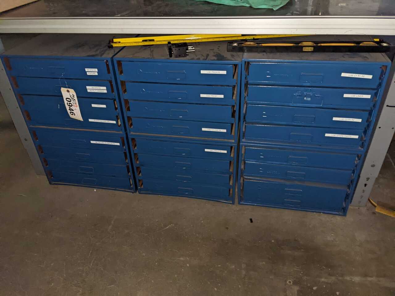 LOT OF 3 SECTIONS OF BIN ORGANIZERS WITH CONTENTS, BOLTS, SENSORS, - INDUSTRIAL PARTS