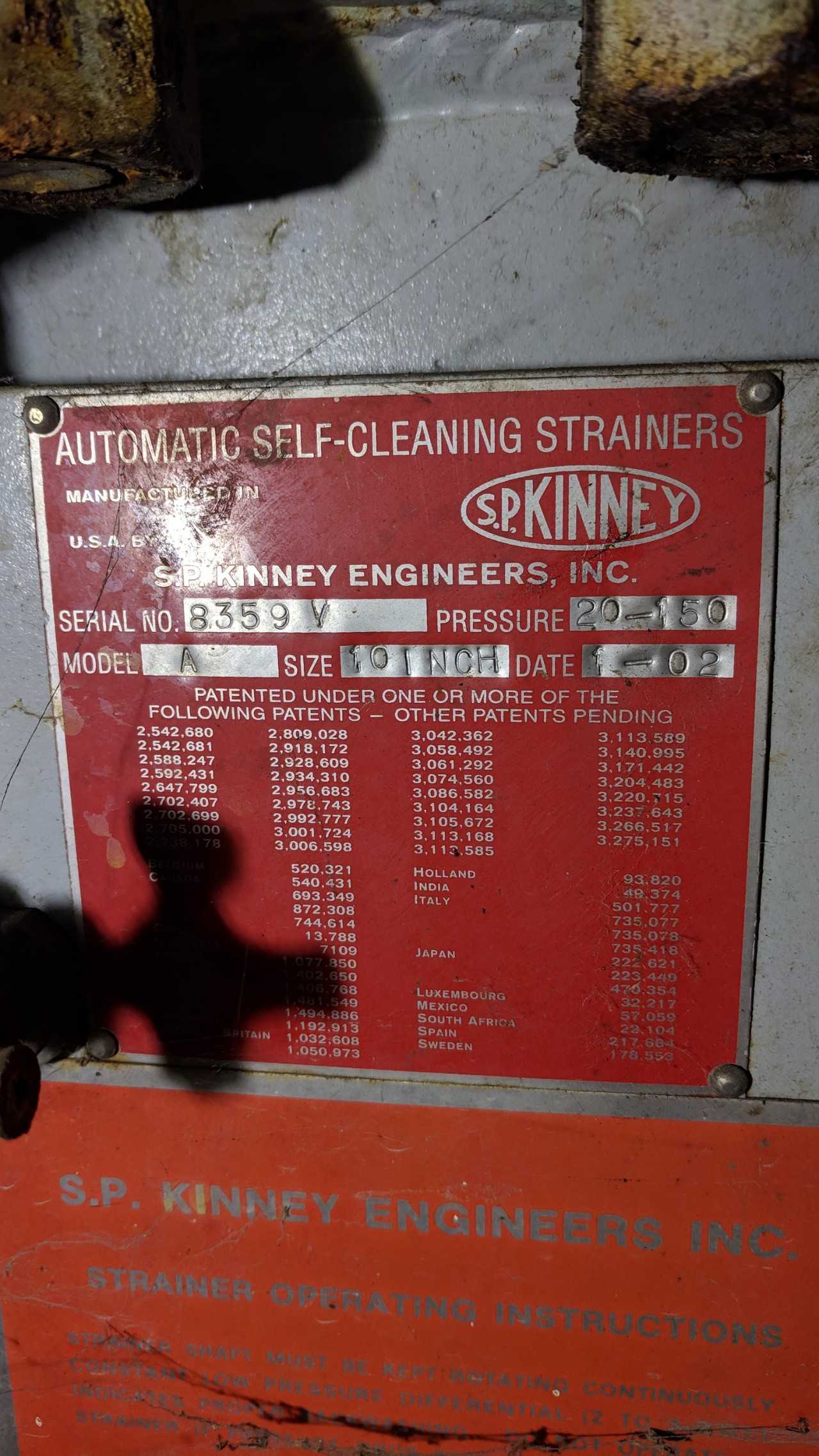 SP KINNEY 10 IN MODEL A AUTOMATIC SELF-CLEANING STRAINER - GRINDING MACHINES