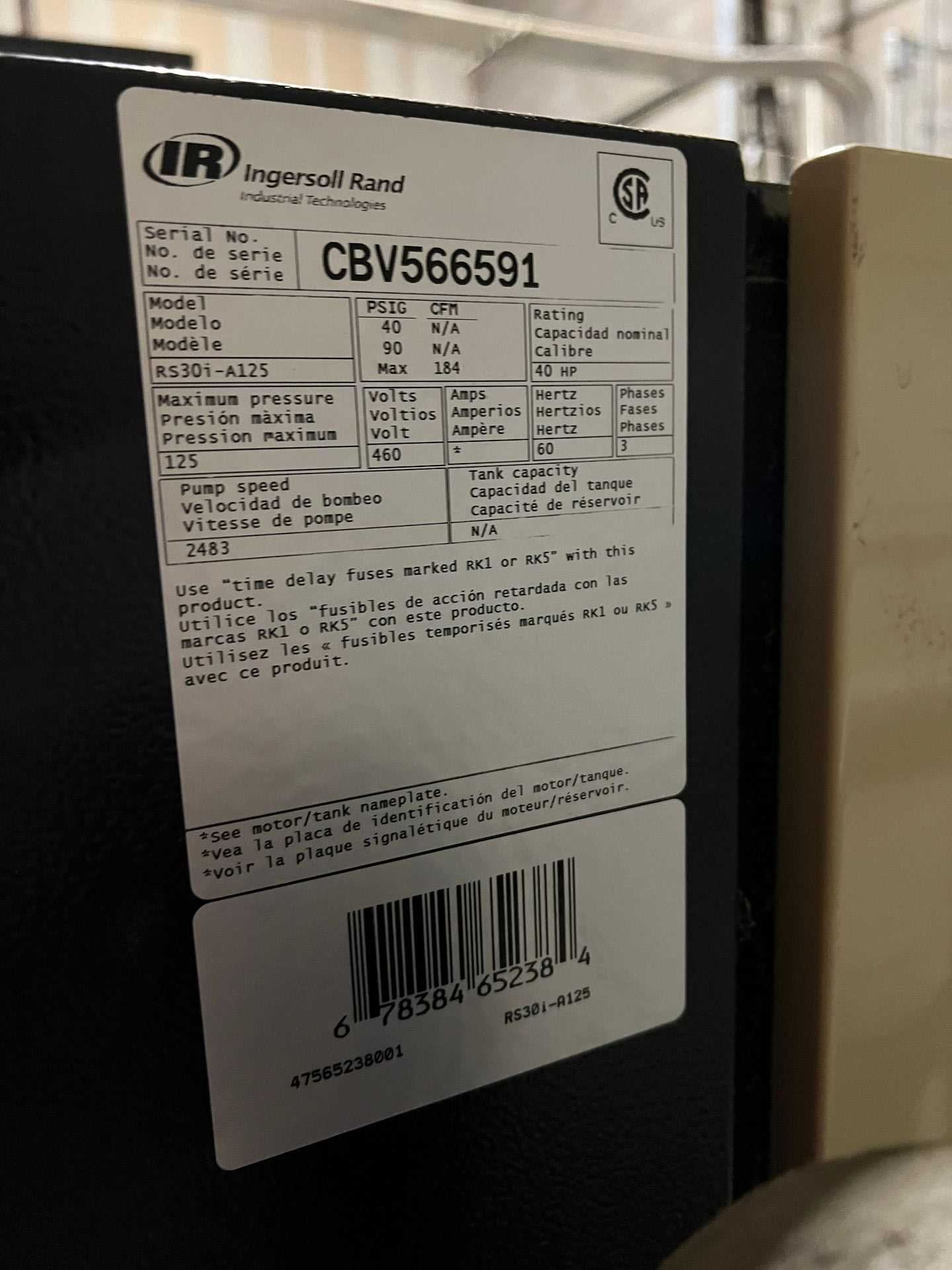 INGERSOLL RAND RS30I-A125 ROTARY SCREW AIR COMPRESSOR - AIR COMPRESSORS