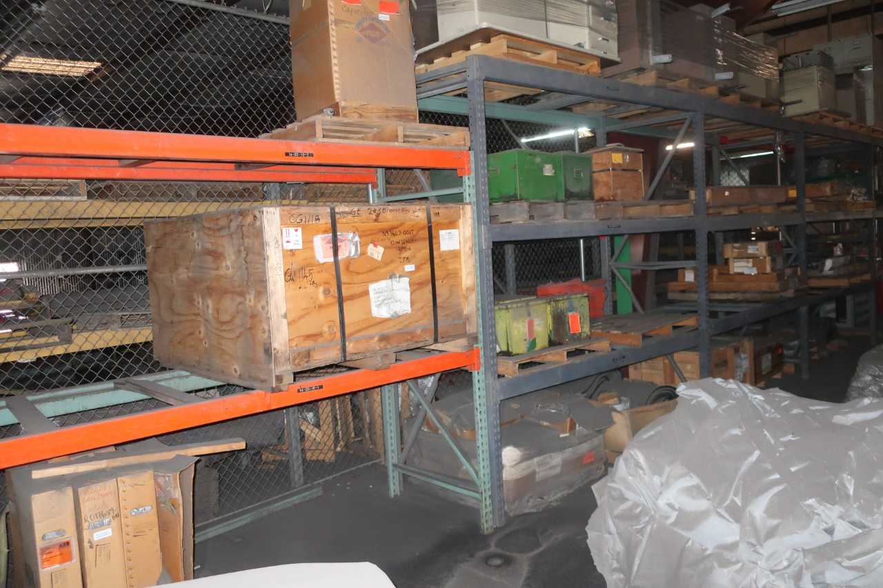 CONTENTS OF 4X SECTIONS OF PALLET RACKING (PALLETS OF FURNITURE EXCLUDED), ASSORTED COAL TURBINE CONTROL REPLACEMENT PARTS, SKY CLIMBER HOIST WINCHES, ABB CAPACITORS, INJECTION SLEEVES, STEAM DRUMS, RODS, SHAFTS - INDUSTRIAL PARTS