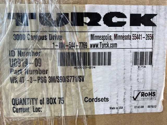 Box of 75 TURCK WK4T-3-PSG3M/S90/S771/SV ID# U0919-09 MOLDED CORDSET - New Open Box Item - ELECTRICAL COMPONENTS