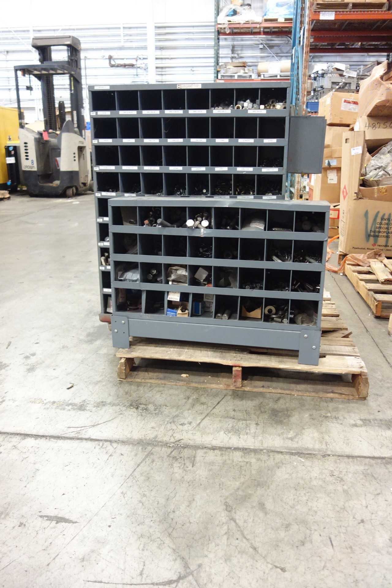 LOT OF 2 PIGEON HOLE CABINETS, WITH CONTENTS - INDUSTRIAL PARTS