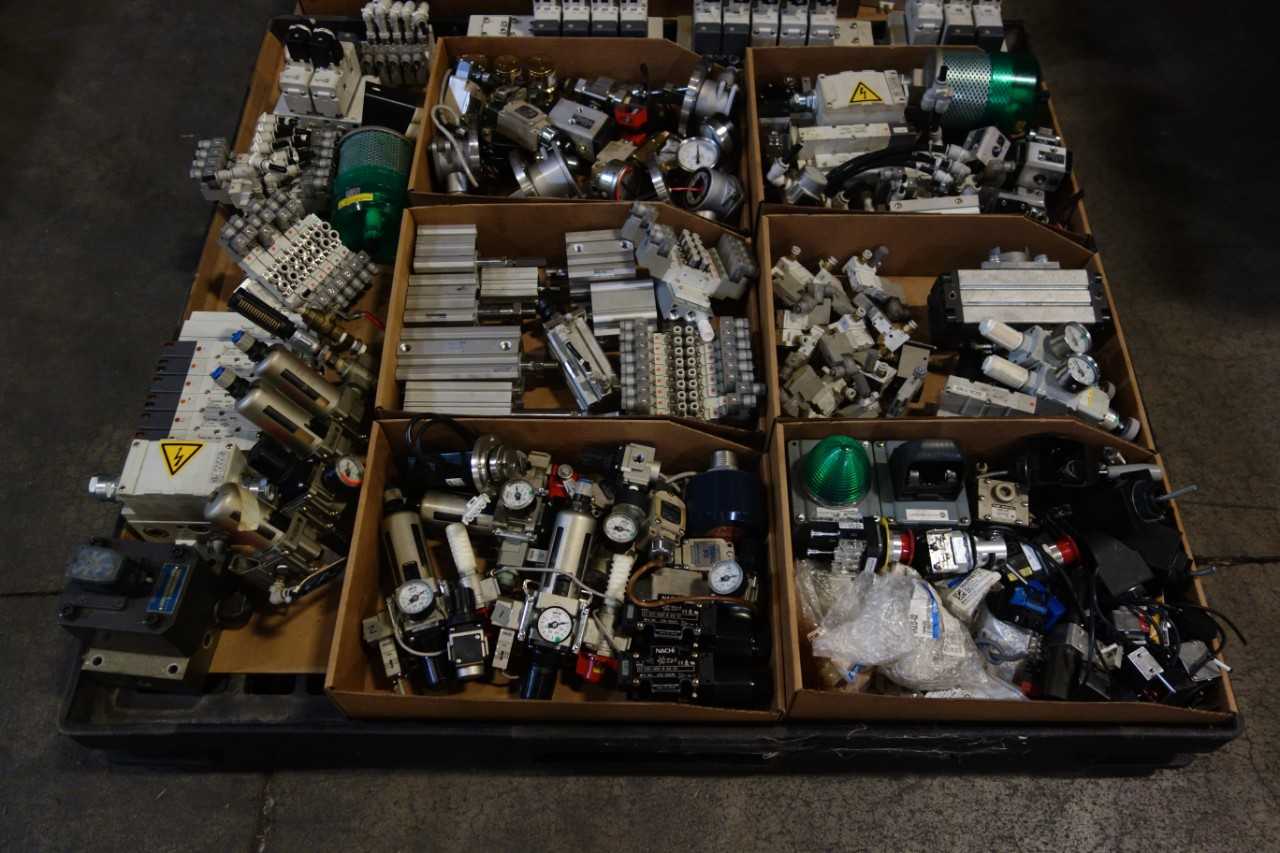 2 PALLETS OF ASSORTED PNEUMATIC REPLACEMENT PARTS   PUSH BUTTONS   SENSORS - ELECTRICAL COMPONENTS