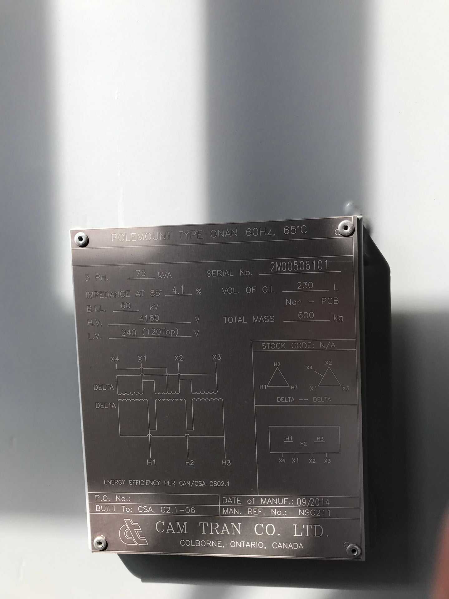 2014 Cam Tran 75TB 75KVA Aerial Distribution Transformer - CONTROL TRANSFORMERS